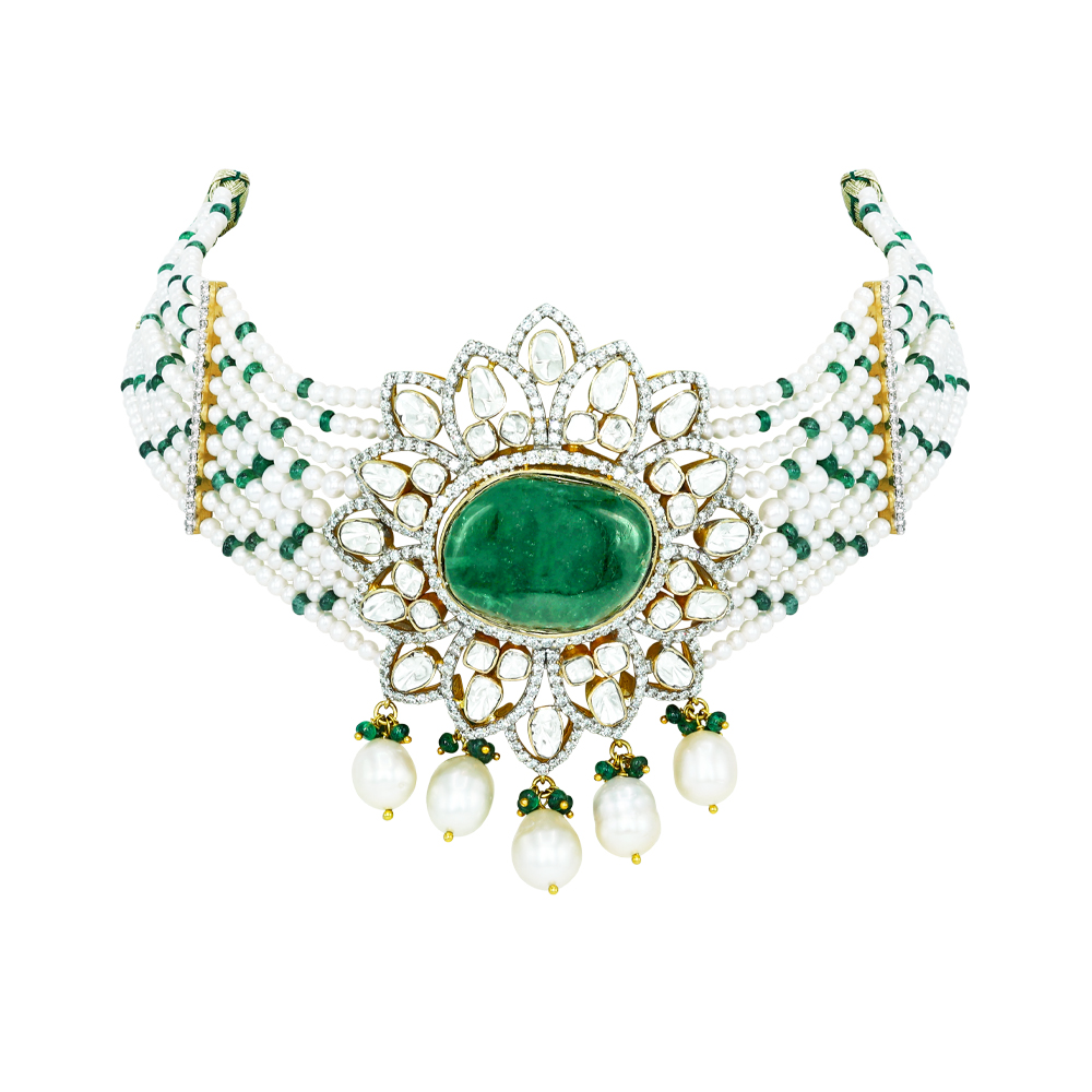 Emerald and Polki Choker with Pearl strings and Drops